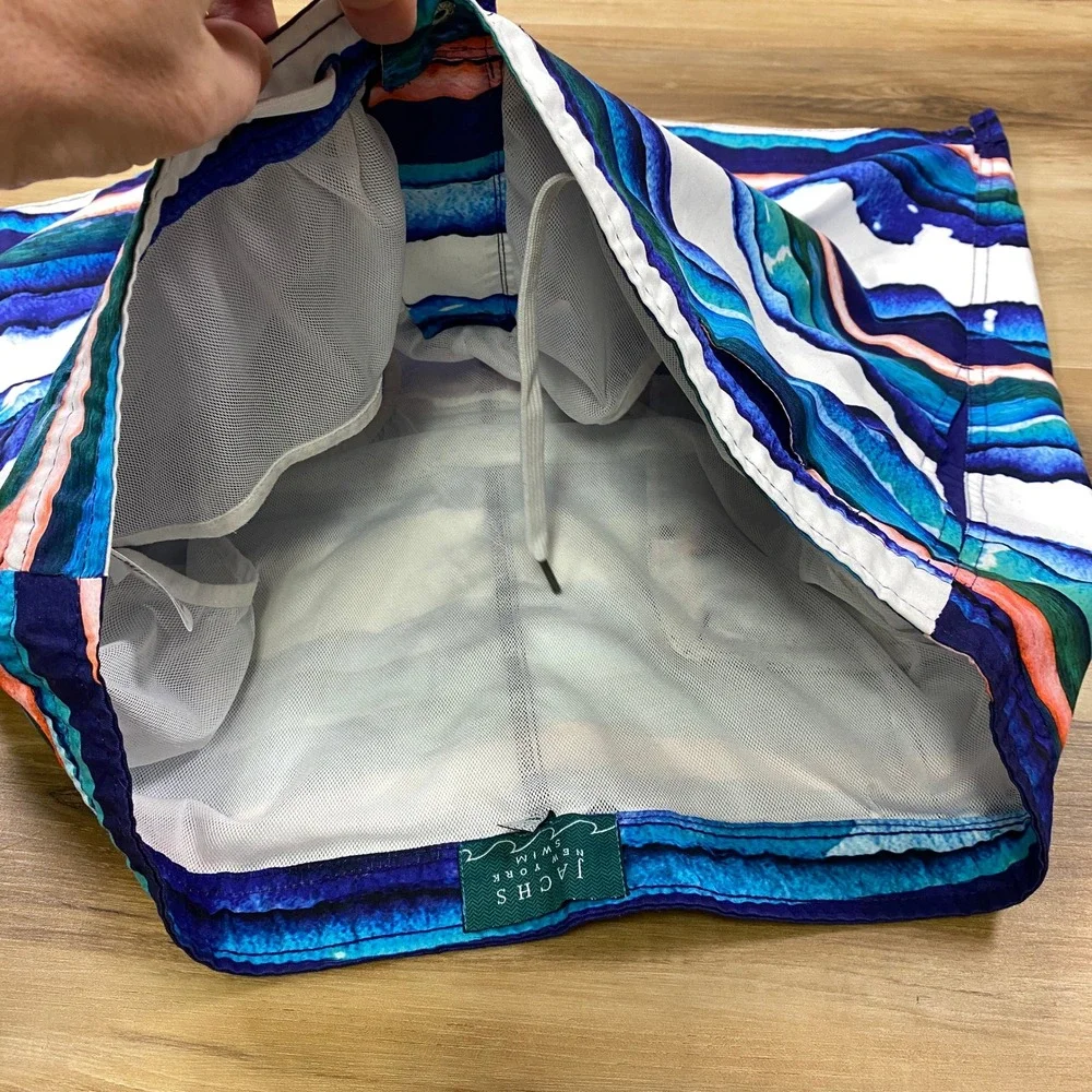 Jachs NY Swim Trunks Mens L Watercolor Stripe Board Shorts Mesh Lined Blue Multi